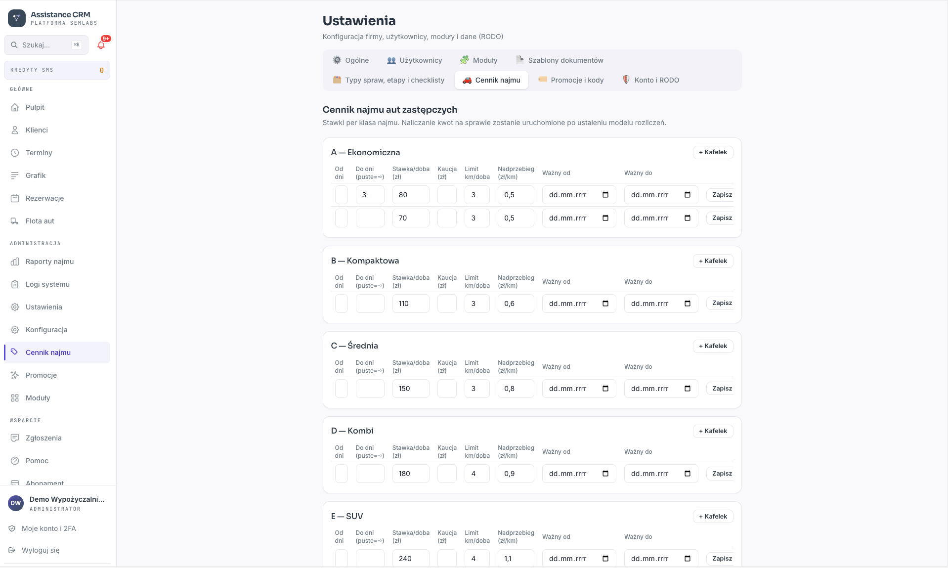 Rental rates in AssistanceCRM
